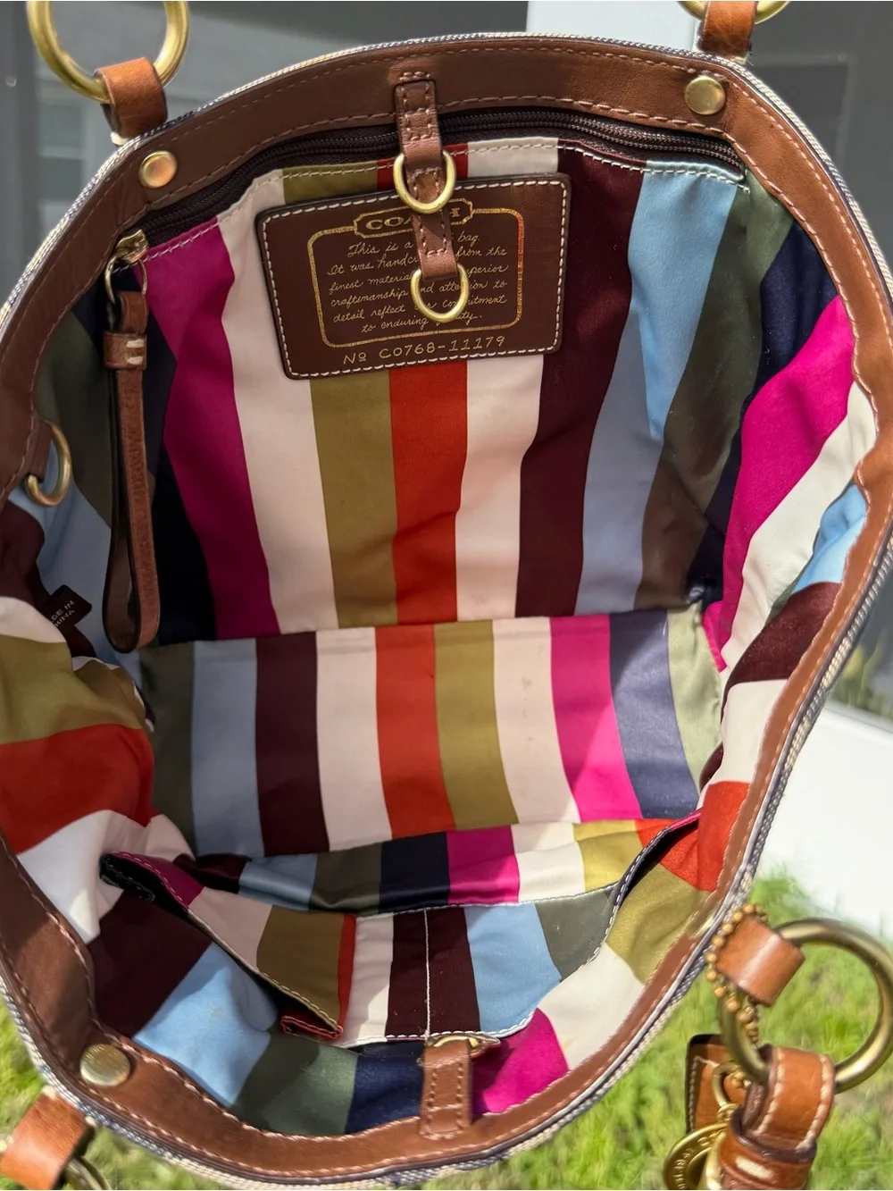 Coach Blue Signature Denim Tote with Brown Leather Trim